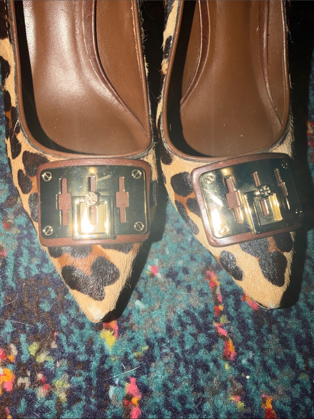 Tory Burch Leopard Print Pointed Toe Heels with Gold Accent - Picture 3 of 7